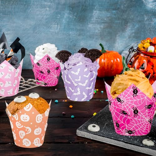 Halloween Cupcake Liners Set - 200 Tulip Shaped Baking Cups with Pumpkin Ghost Bat Designs