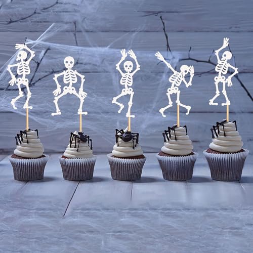 White Skeleton Cupcake Toppers 25Pcs Glitter Skeleton Decorations for Halloween Party & Gothic Birthdays - Variation: White Skeleton