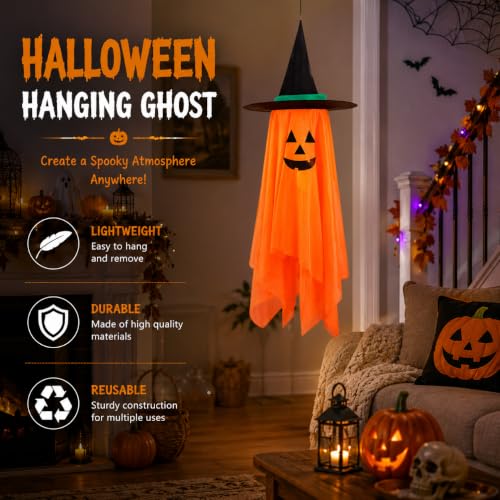 Halloween Ghost Hanging Decor - Foldable Cloth Witch Hat with Lanyards, 39.4 Inch, Reusable for Tree Porch Yard Ceiling Wall