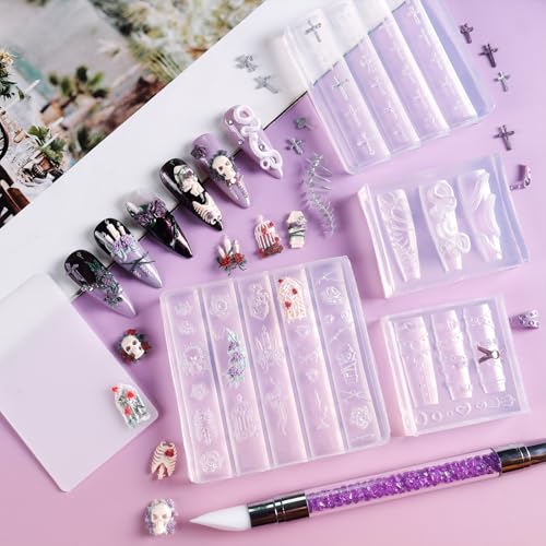 Gothic Nail Art Molds 3D Skull Rose Design Silicone Set - Laza
