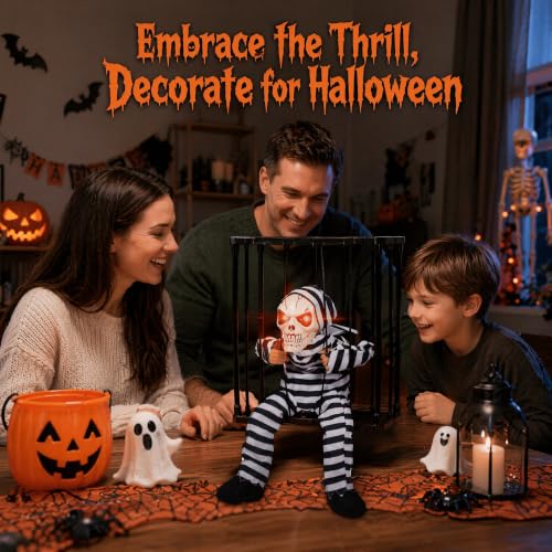 Outdoor Caged Skeleton Prisoner Halloween Decoration with Red LED Eyes & Sound