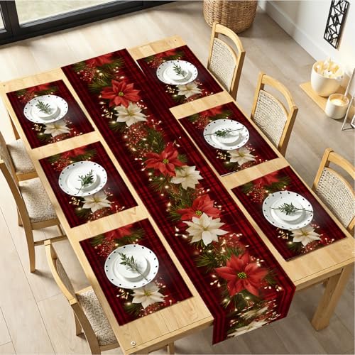 Christmas Table Runners and Placemats Set of 6 - Red Plaid with Poinsettia & Floral Design, Variation 124