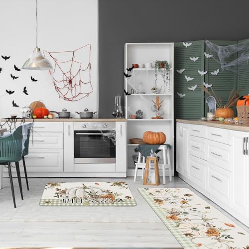 Autumn Kitchen Rugs Set of 2 - Non-Slip Watercolor Pumpkins & Floral Mats