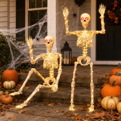 Halloween Lighted Skeleton Decoration with White LED Light and Red Eyes - 2PCS