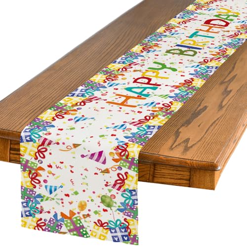 13x72 Inch Beaded Birthday Table Runner - Happy Birthday Home Decor, Beige Gift