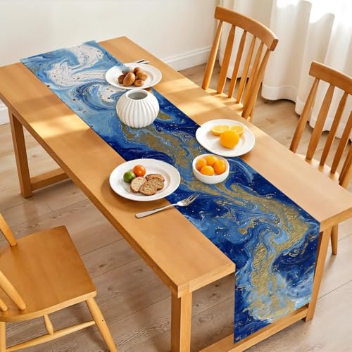 Set of 6 Blue Marble Table Runner & Placemats - Gold Accents, Elegant Home Dining Decor - 1 Runner 72x13 Inches + 6 Placemats 17.7x11.8 Inches (Variation 135)