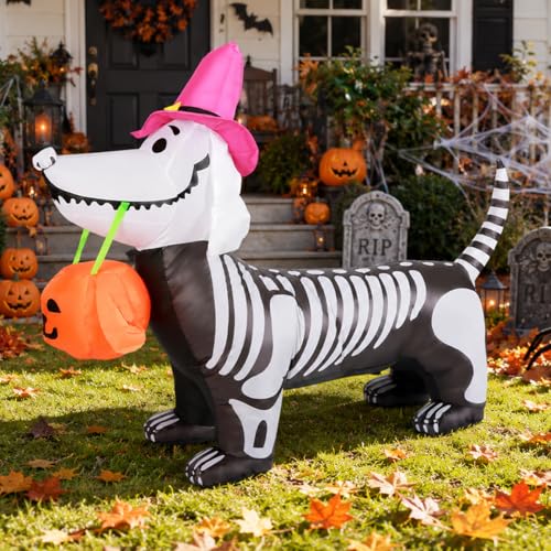 5.5 Ft Inflatable Halloween Skeleton Puppy with LED Lights for Outdoor Yard Decor