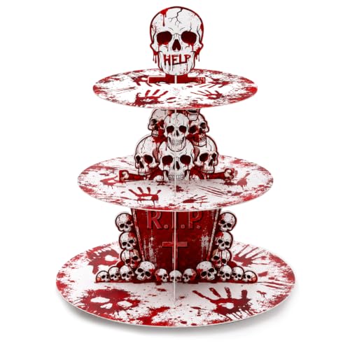 Halloween Bloody Cupcake Stand - 3-Tier Skeleton Handprints Party Decor - Bloody Variant