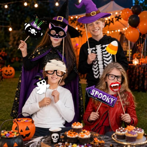 Halloween Photo Booth Props Set - 34 Pcs Spooky Party Accessories with Wooden Sticks - Halloween
