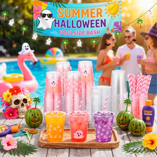 Pink Halloween Ghost Plastic Cups with Lids & Straws - 50 Pcs Party Supplies