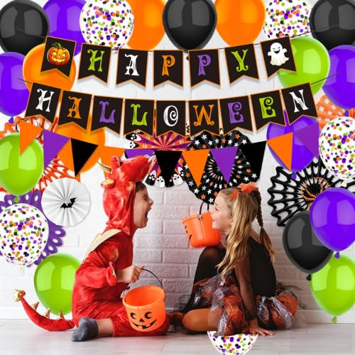 Halloween Balloon Decorations Set with Banner and Flags - 22pcs Party Supplies