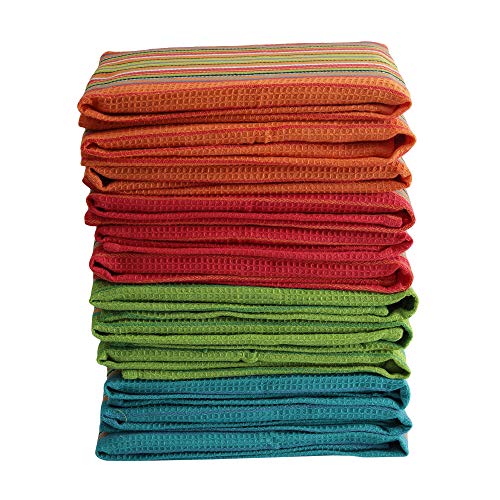 Set of 12 Salsa Style Cotton Kitchen Dish Towels - 16x28 Inches, Multi Purpose Absorbent Waffle Tea Towels