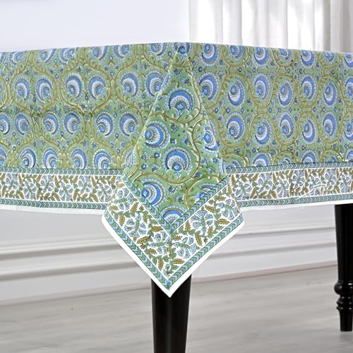 Ridhi Verdant Mist Hand Block Print Cotton Tablecloth 120x60 Rectangular