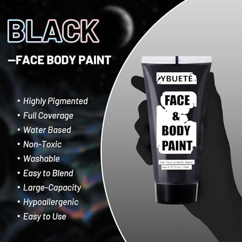 Black Water-Based Face Body Paint for Halloween Cosplay & Theatrical Makeup - 70ml - Non-Toxic