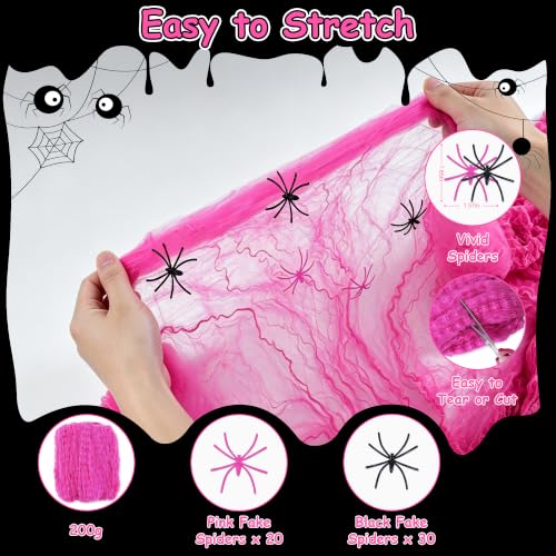 Pink Halloween Spider Web Decorations Kit with 50 Fake Spiders - 1000 Sq Ft Large Cobwebs