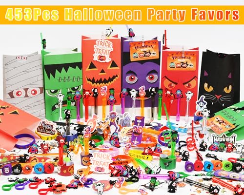Halloween Party Favors Set - 453PCS Trick or Treat Goodie Bags & Decorations - Kids Classroom Prizes & Gifts