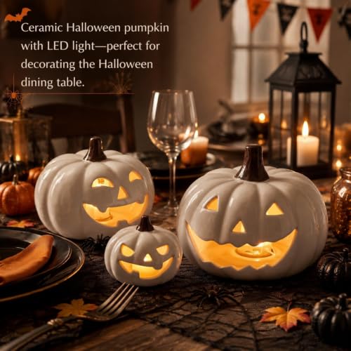 3-Piece Halloween Ceramic Jack O' Lantern Pumpkin Set - White, 3/5/6 Inches, LED Lights