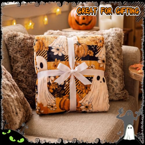 Halloween Throw Blanket 50x60 Inches - Orange Plaid Ghost Pumpkin Fleece Cozy Decor