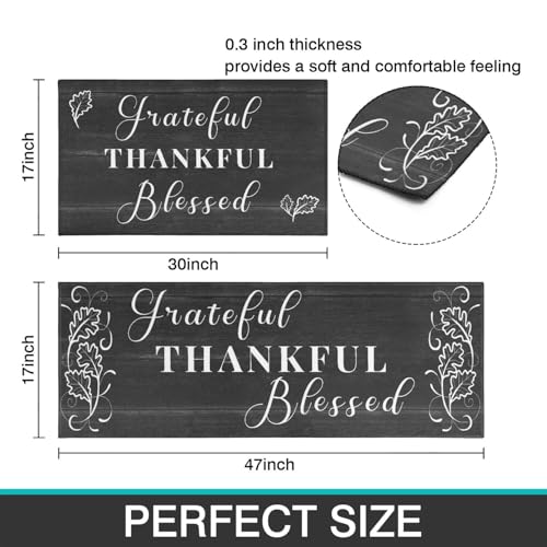 Black Thankful Blessed Kitchen Rugs Set of 2 - 17x47 & 17x30 Inch Cushioned Non-Slip Mat