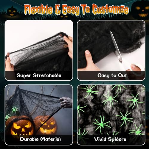 Simgoing Halloween Spider Webs Set with 200 Glow-in-the-Dark Spiders - Black / 204 Variation