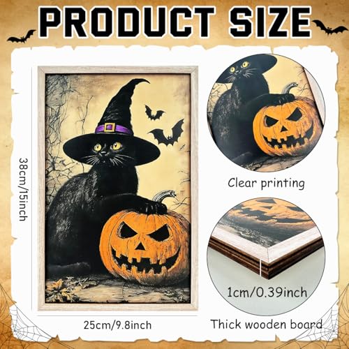 Halloween Wall Art Black Cat Pumpkin Wall Decor - Framed Canvas for Indoor Spooky Decor