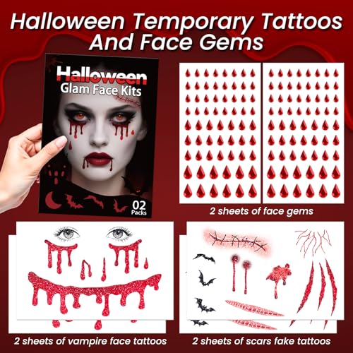 Halloween Vampire Face Tattoos with Face Gems - Scary Costume Accessories