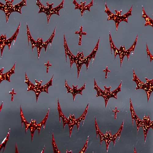 Halloween Bat Nail Stickers - 5D Embossed Red Bats & Holographic Glitter - Style-13