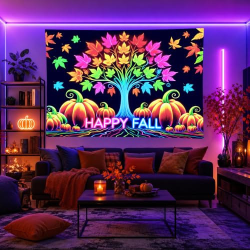 Fall Blacklight Tree Tapestry with Pumpkins and Leaves - Happy Fall Pumpkin Variation