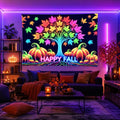 Fall Blacklight Tree Tapestry with Pumpkins and Leaves - Happy Fall Pumpkin Variation