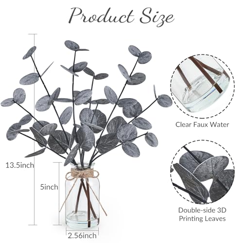 Black Faux Eucalyptus Stems in Glass Vase - Realistic Artificial Plants, 13.5" for Home Decor, Office & Farmhouse