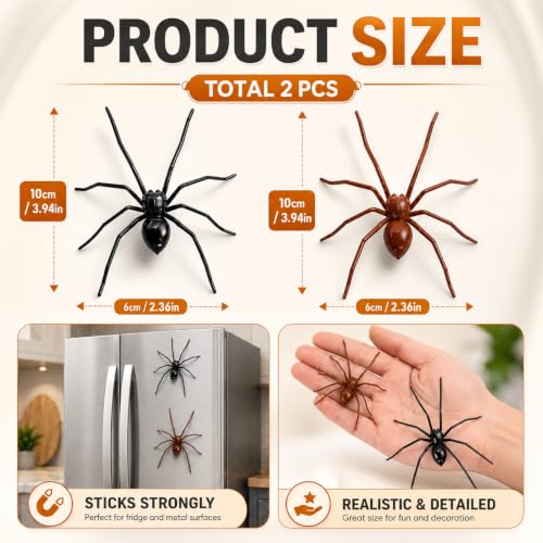 3D Printed Spider Magnet Set - Halloween Fridge Decorations with Black & Brown Flocked Design - Variation A