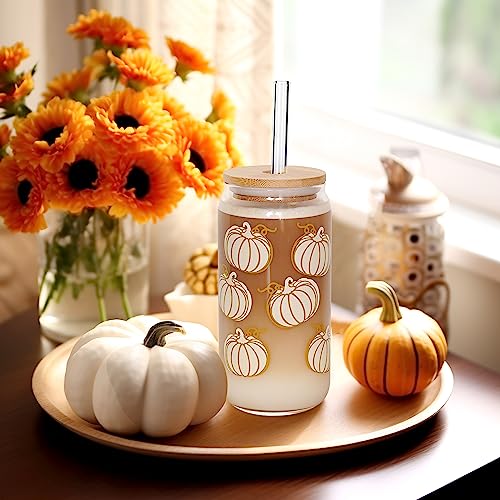 Pumpkin White Style Fall Coffee Mug Set - 18oz Iced Coffee Tumbler with Lid & Straw