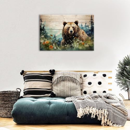 Wildlife Bear Watercolor Wall Art - Rustic Forest Canvas for Living Room & Nursery - 30x20 Inches