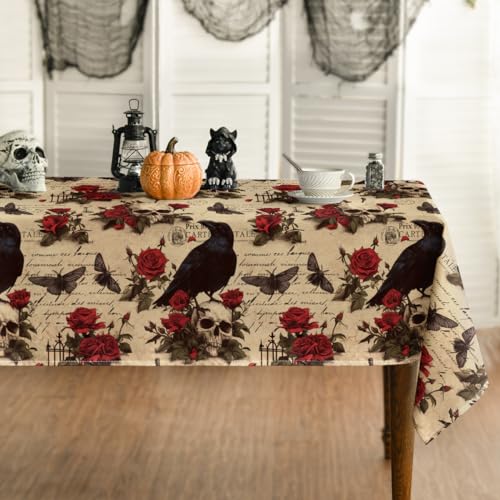 Horaldaily Halloween Tablecloth 60 x 140 Inch Rectangular Crow Skeleton Black Beige