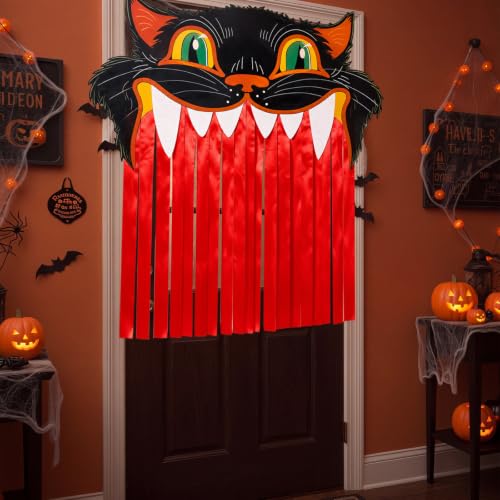 Halloween Black Cat Door Curtain with Fringe - Spooky Carnival Entry Decor