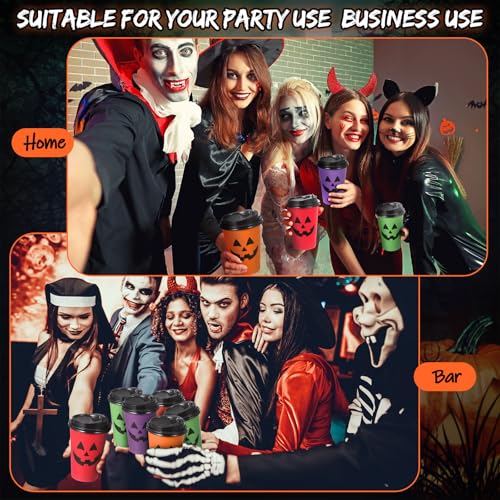 Halloween Paper Cups with Lids 12oz Pumpkin Face Print - 100 Pack
