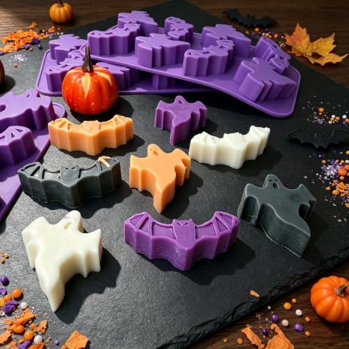 Halloween Ghost & Bat Silicone Mold Set - 3 Pcs Food-Grade Candy & Chocolate Molds with Purple Variation