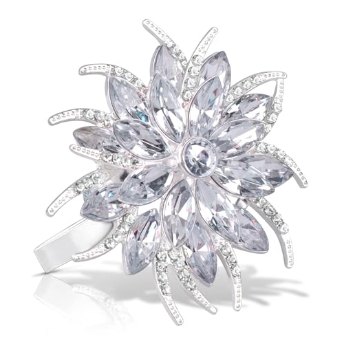 12 Pcs Christmas Lotus Flower Napkin Rings Set - Silver Rhinestone Holiday Table Decor
