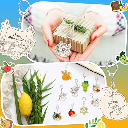 Wooden Sukkot Craft Keychains Set - 24 Pcs, 12 Styles for Holiday DIY
