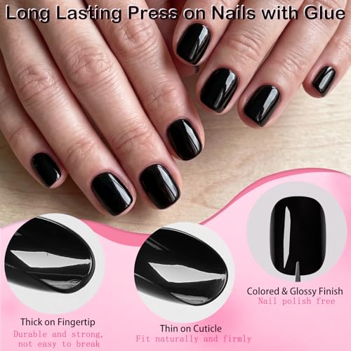 Black Short Square Press On Nails Kit with Glue & Tabs - 240 Pieces, 12 Sizes