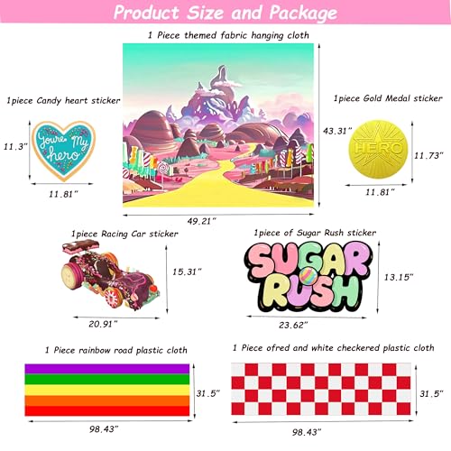 Halloween Car Trunk Decorations Set with Banner and Stickers - Candy Land Theme, Rainbow Road, Red White Cover, Girl's Party Supplies