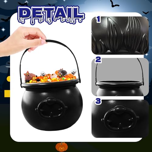 Halloween Plastic Cauldron Set - 3 Large Black Witch Kettles for Candy & Decorations