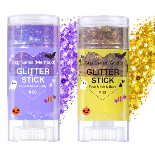 2PCS Waterproof Face & Body Glitter Stick - Purple + Gold, Long Lasting