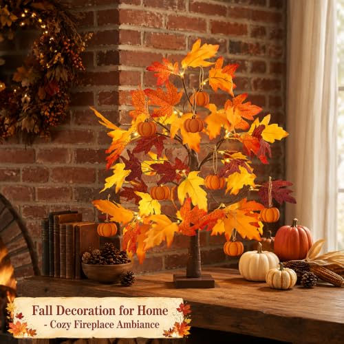 Fall Lighted Maple Tree Set - 2 Pack 24 Inch Autumn Decor with Pumpkins, Indoor Outdoor