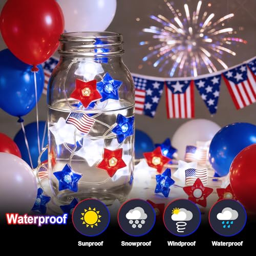 Patriotic Star & Flag String Lights - 16FT Battery Operated 50 LEDs, 8 Modes, Red White Blue Star Flag Variation