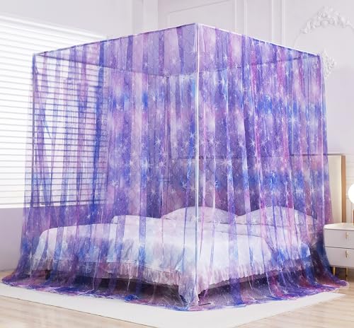 Twin Purple Ombre Tie Dye Canopy Bed Curtains with Lights for Girls Room Decor