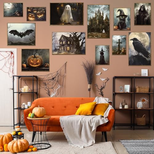 Gothic Halloween Wall Art Set - 12 Retro Spooky Posters for Home Decor