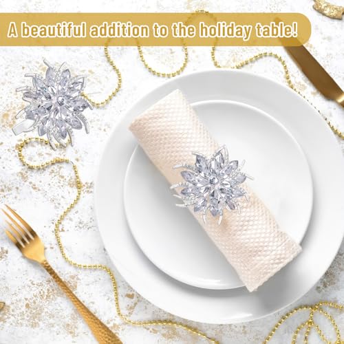 12 Pcs Christmas Lotus Flower Napkin Rings Set - Silver Rhinestone Holiday Table Decor