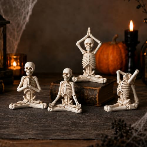 White Halloween Yoga Skeleton Statue Set of 4 - Spooky Skeleton Decor