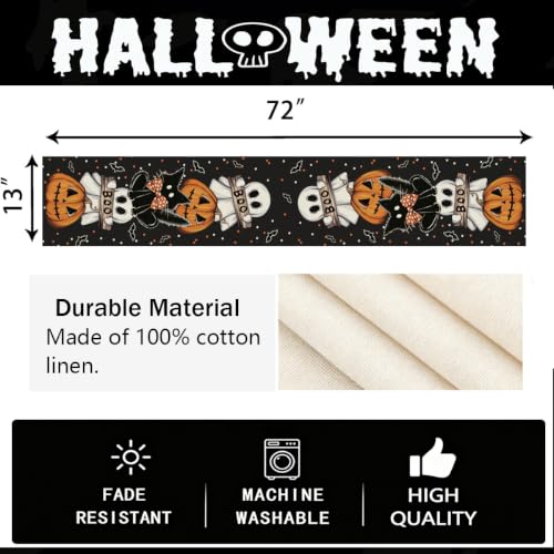 Halloween Table Runner 13x72 Inch Polka Dot Ghost Pumpkin Cat Decor - Black